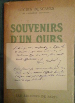 Descaves Souvenirs d'un ours, carte manuscrite de Descaves