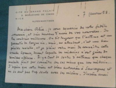 Carte manuscrite de Roger Martin du Gard datant de 1958