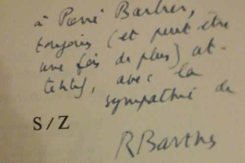 Barthes Roland S/Z. Envoi de Barthes à Pierre Barbier